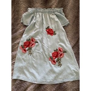 Rose Embroidered Denim off-the-shoulder dress